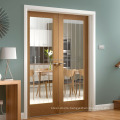 Oak Wood Door Etched Lines Clear Glass Entry Doors Interior Engineered Wood Frame Tempered Glass Clear, Frosted Etc Swing door